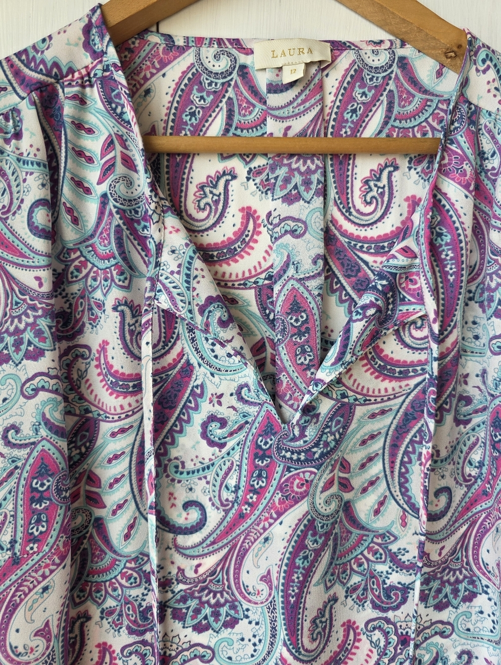 Laura Paisley Print Tie Front Blouse Purple Teal Womens Size 12 - Picture 4 of 10